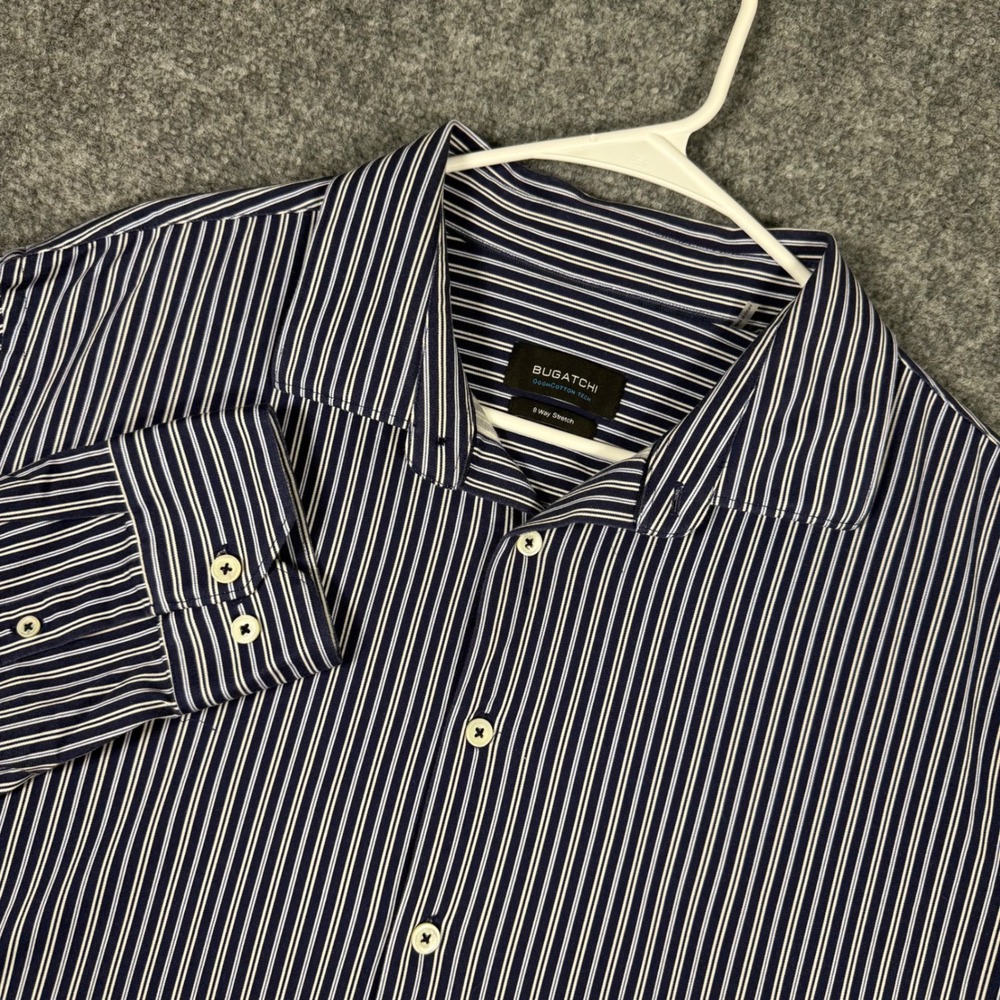 Bugatchi OoohCotton Tech Striped Shirt Mens XXL Blue White 8-Way Stretch